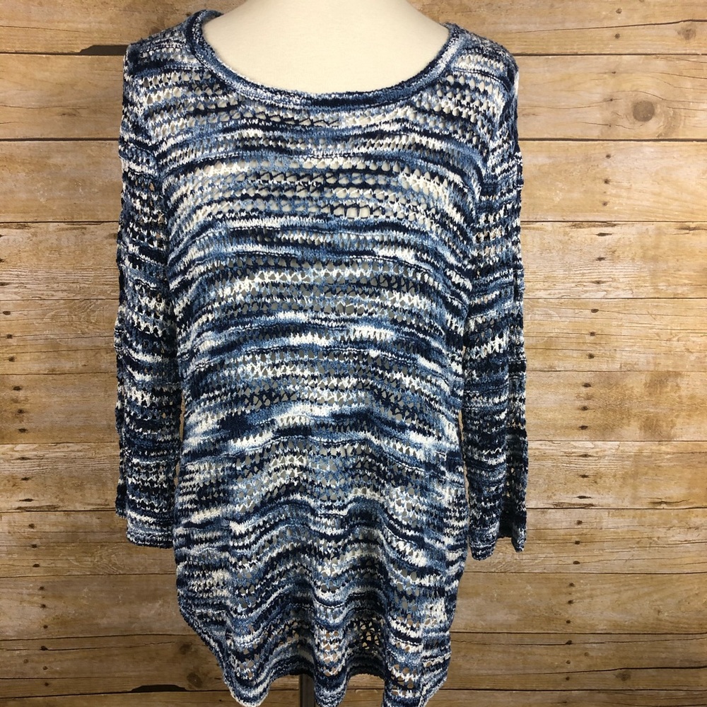 Blue White Open Knit Lightweight Sweater Women’s 1X Acrylic